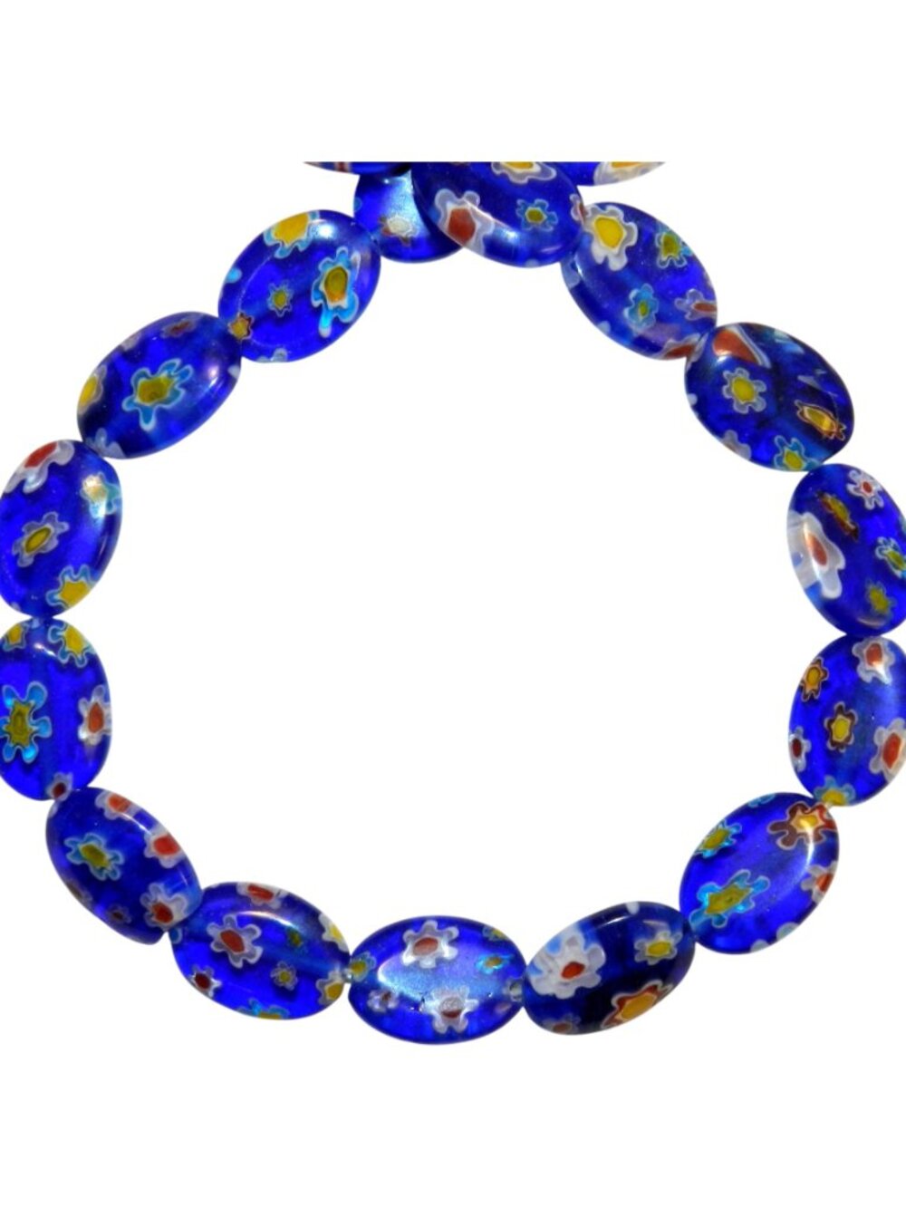 G3763 Dark Blue Multiple Flower 14mm Flat Puffed Oval Millefiori Glass Beads 14" - Picture 2 of 3